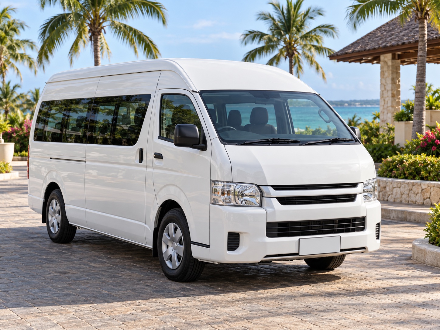 Unbranded group van in a tropical Zanzibar setting